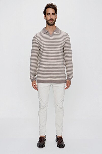 CHUBA Ανδρικό πλεκτό πουλόβερ με ριγέ πόλο με μακρυμάνικο λαιμόκοψη βιζόν-μπεζ 23w203