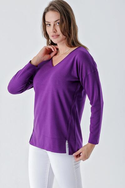 CHUBA Dámský pohodlný střih šikmé prošívání Detailní pletený svetr s výstřihem do V fialová 24w117