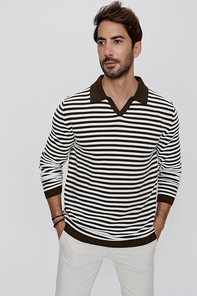 CHUBA Men's Loose Fit Striped Polo Collar Long Sleeve Knitwear Sweater Dark Khaki-ecru 23w203