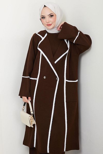 hafsamina Triple Beard Garnished Knitwear Set - Brown Hm2534