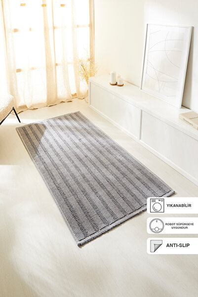 Ocean Home Textile Yıkanabilir Pamuklu Gri Renk Çizgi Desen Kilim