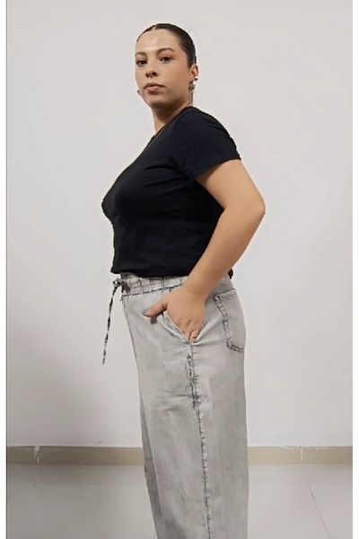 AKŞEN GİYİM High Waist and Glitter Detailed Lycra Free Cotton Women's Trousers - Large Size