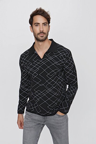 CHUBA Men's Polo Collar Patterned Knitwear Sweater Black - Ecru 23w204