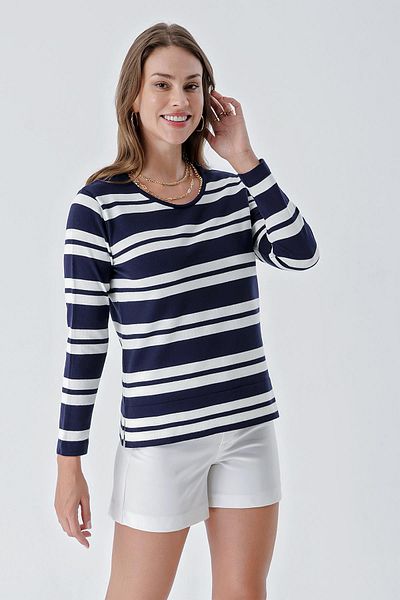 CHUBA Women's Rustic Crew Neck Striped Knitwear Sweater Navy Blue 24w111