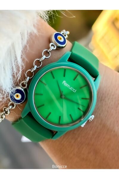 Ferrucci Green Coloured Brand Silicone Cord Women's Wrist Watch and Evil Eye Beaded Bracelet