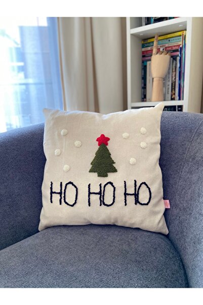 Les Passent Изпрана ленена коледна възглавница с мотив „Хо, хо, хо“ и новогод...
