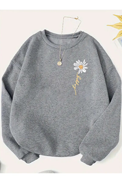 pandy Φούτερ Unisex με φλοράλ στάμπα σε γκρι λαιμόκοψη