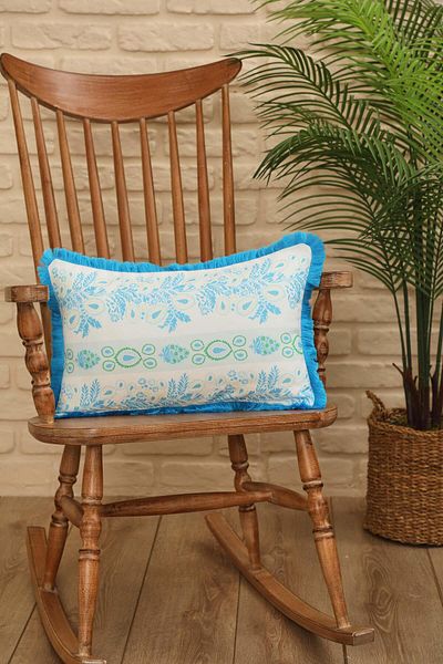 Aisha's Design Ocean Blue Motif Line Patterned Throw Pillow Cover - Fringed Edge, 50X30 Cm, K-405