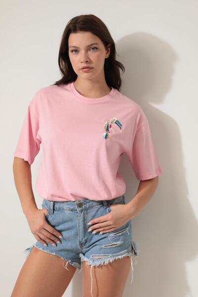 AMİDA Tricou de damă cu mânecă scurtă supradimensionată cu broderie papagal r...