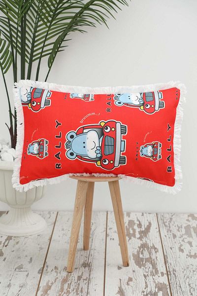 Aisha's Design Rally Themed Fringed Children's Throw Pillow Cover - 50X30 Cm, K-405