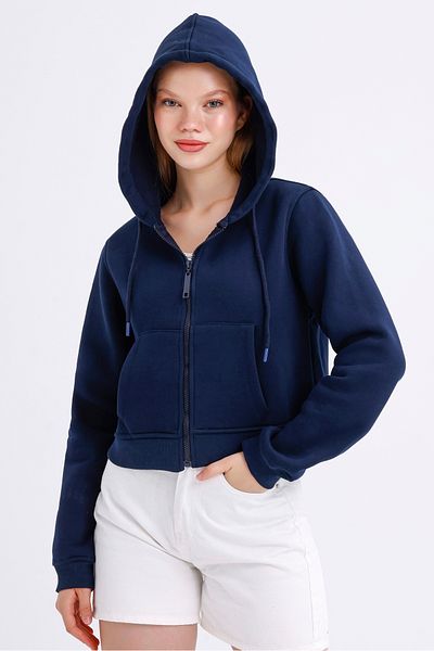 MD trend Hanorac crop pentru femei, cu glugă, buzunar, închidere cu fermoar, fleece în interior