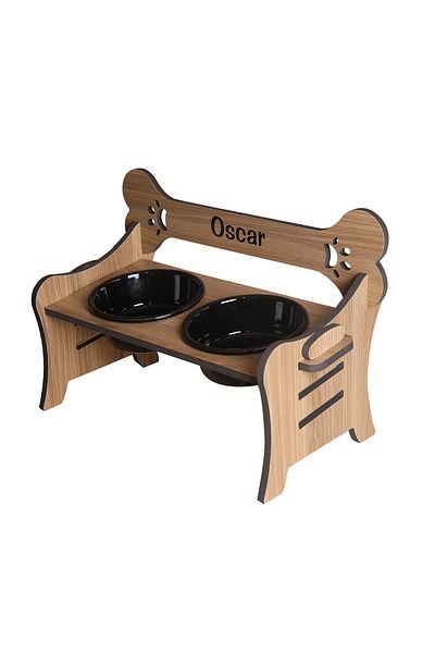 RealWood Dog Water & Food Bowl - Name Printed - Water Resistant Walnut - 3 Stage Bone Mod - Ceramic Black K-2*1000Ml