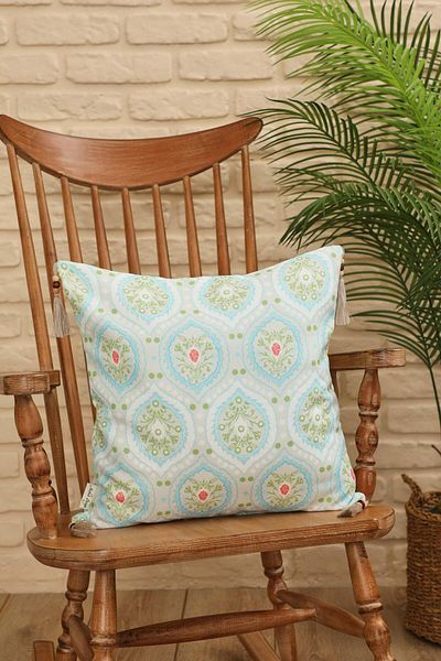 Aisha's Design Soft Blue Damla Damask Patterned Throw Pillow Cover - Tassel and Bead Detail, 45X45 Cm, K-406