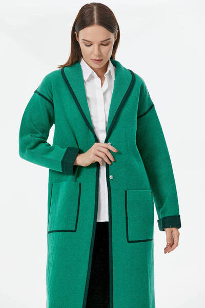Sementa Long Knitted Cardigan with Shawl Collar - Green - Khaki