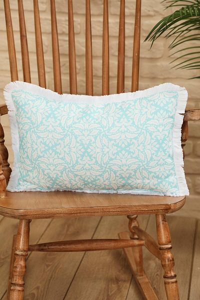 Aisha's Design Ocean Blue Motif Patterned Throw Pillow Cover - Fringed Edge, 50X30 Cm, K-405