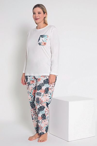 MyBen Ecru Floral Patterned Women's Pajama Set - Long Sleeve B-47