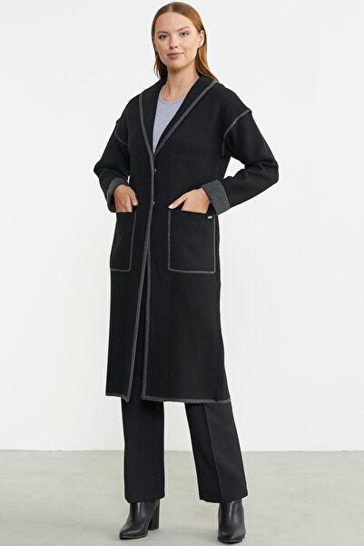 Sementa Shawl Collar Snap Fastener Long Knitwear Cardigan - Black - Dark Gray