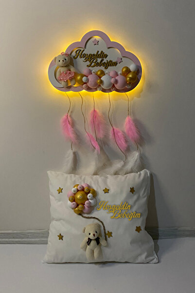 Ahşaplan Bubble Ledli Bebek Bulut Kapı Süsü ve Yastık Takımı | Bebek Odası Ye...