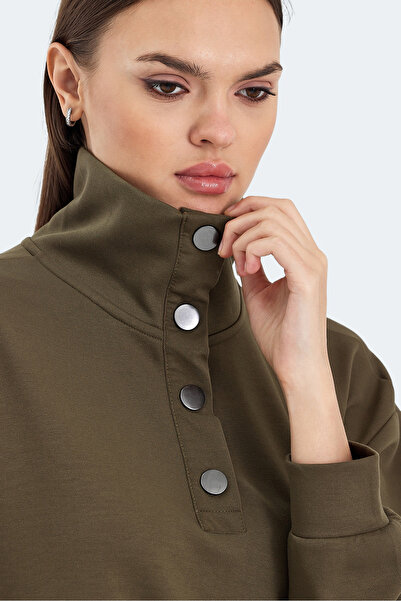 Slazenger Vidal Oversize Women's Stand Collar Oversize Khaki Sweatshirt