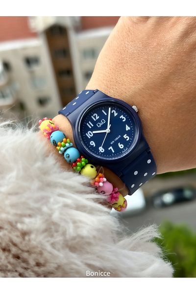Q&Q Navy Blue Silicone Cord, 10Bar Waterproof Numeral Polka Dot Unisex Children's Wristwatch