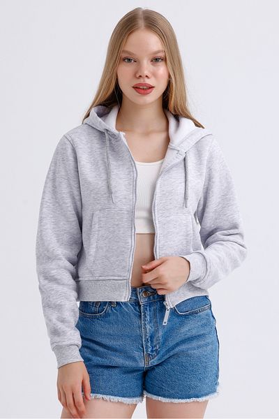MD trend Hanorac crop pentru femei, cu glugă, buzunar, închidere cu fermoar, fleece în interior