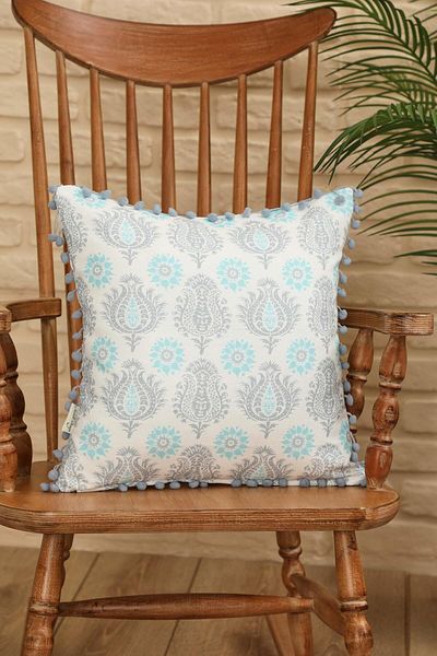 Aisha's Design 45X45 cm Gray Damask Patterned Pompom Edged Throw Pillow Cover - K-401