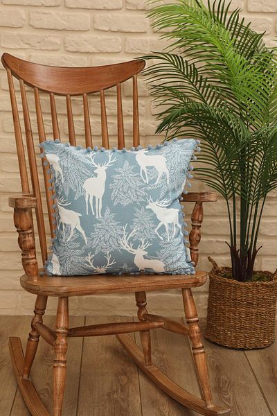 Aisha's Design New Year's Patterned Gray Throw Pillow Cover - Pompom Edges, Deer Backdrop, 45X45 cm - K-401