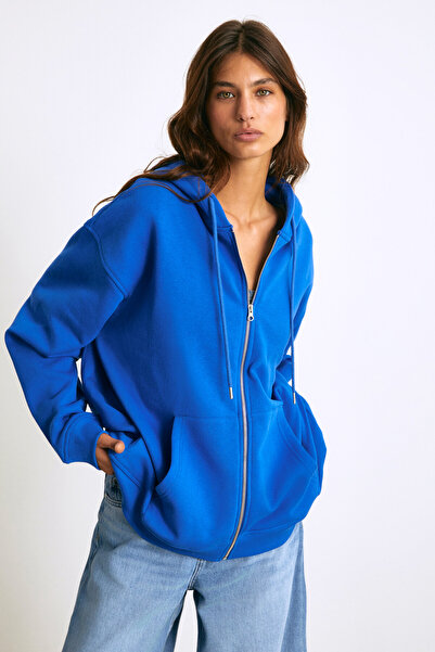 GRIMELANGE KESIA női polár belső puha kapucnis Saks kék pulóver