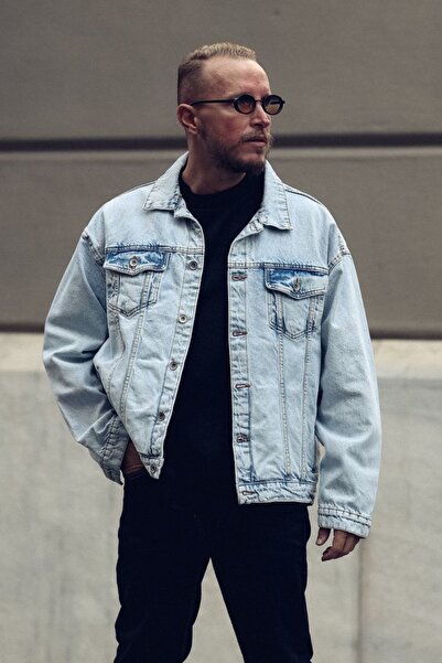 MADZEYMODA Men's Oversize Mold Back Printed Light Blue Jean Jeans Jacket