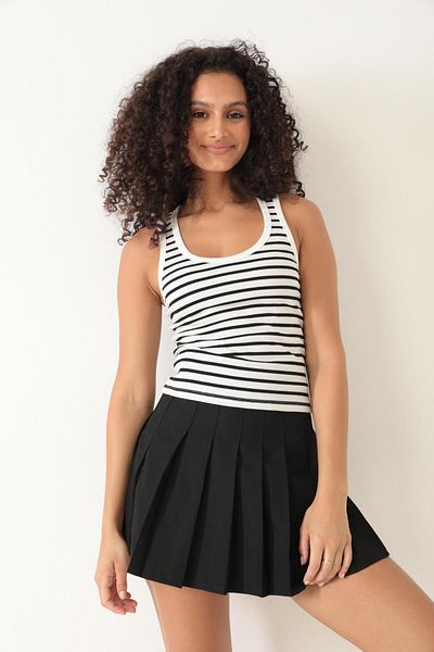 AMİDA Black Striped Corded Crop Tank Top - Thick Strap, Basic Model - 2403