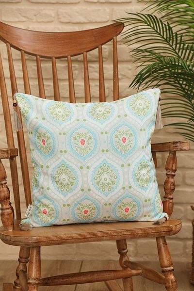 Aisha's Design Soft Blue Damla Damask Patterned Throw Pillow Cover - Tassel and Bead Detail, 45X45 Cm, K-406