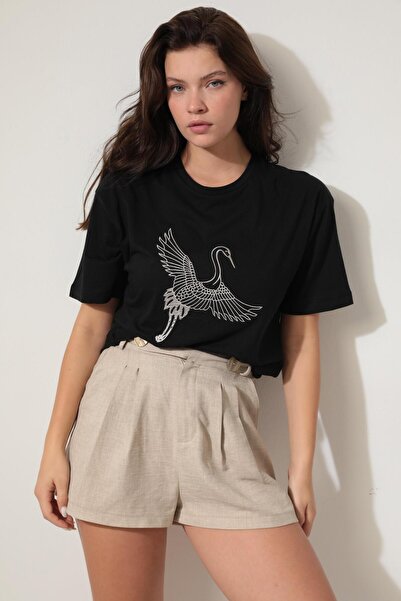 AMİDA طاقم الرقبة تي شيرت أسود مطرز كبير الحجم المرأة - 2421