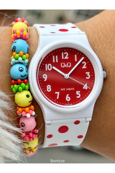 Q&Q 10Bar Waterproof Red Siliconeband Polka Dot Boy's and Girl's Wristwatch