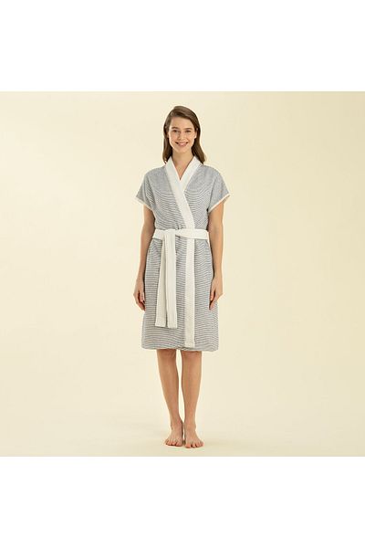 Chakra Longas Short Bathrobe ECRU/MARINE BLUE