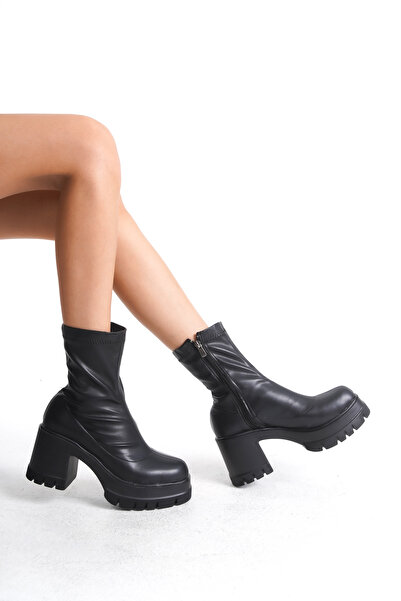 Shu Mhu Kadın Platform Rahat Ve Kalın Taban Fermuarlı Siyah Streç Bot