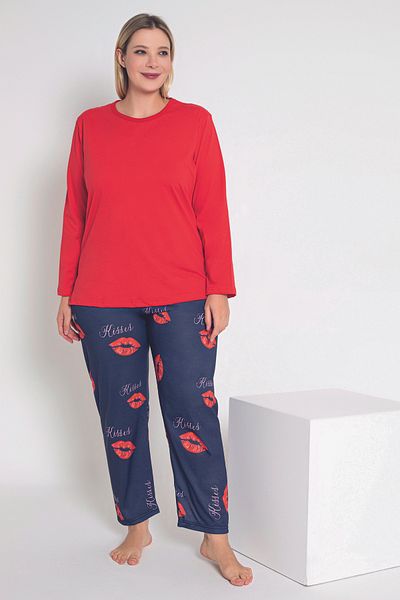 MyBen Red Kisses Printed Long Sleeve Women's Pajamas Set - B-50