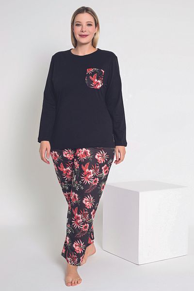 MyBen Black Floral Patterned Long Sleeve Women's Pajamas Set - B-46