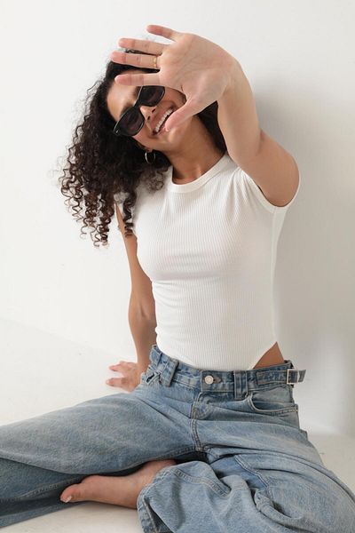 AMİDA Amida White Corded Bodysuit - Crew Neck, Short Sleeve, Snap Fastener - 2409