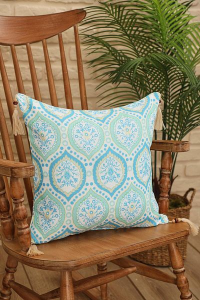 Aisha's Design Ocean Blue Drop Damask Patterned Throw Pillow Cover - 45X45 Cm, Tassel and Bead Detailed, K-406
