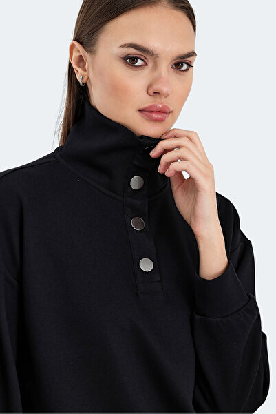 Slazenger Vidal Oversize Women's Stand Collar Oversize Black Sweatshirt