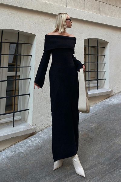 Swist Negru Que Madonna Guler Slit Tricotat Femei Tricot Rochie Midi
