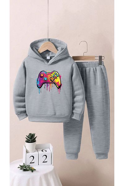ALİKA Gray Kids Game Printed Top and Bottom Tracksuit Set