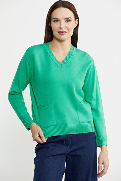 Sementa Зелений трикотажний светр з коміром V-подібним вирізом - з кишенями