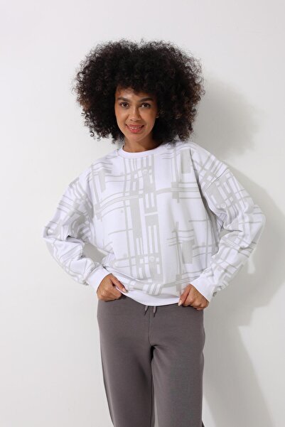 AMİDA White Women's Geometric Patterned Oversize Sweatshirt - 2454