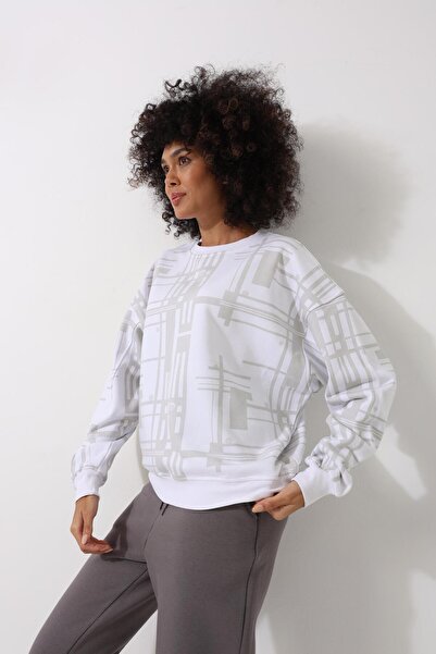 AMİDA White Women's Geometric Patterned Oversize Sweatshirt - 2454
