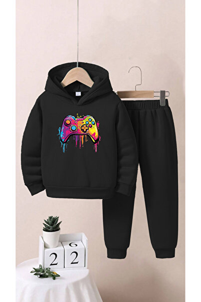 ALİKA Kids Game Set - Black Printed Top and Bottom Tracksuit