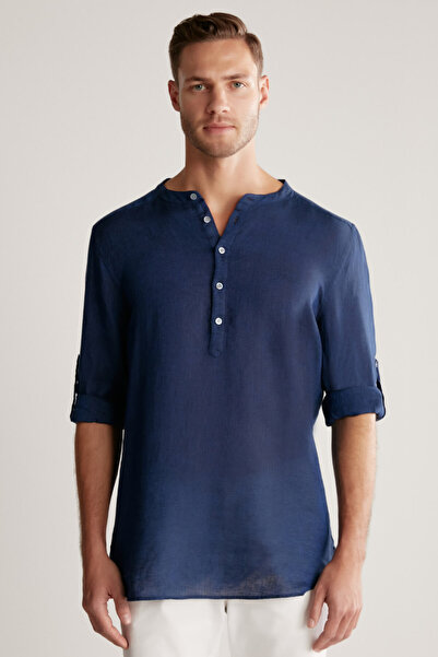 Hemington Pure Linen Navy Blue Judge Collar Shirt