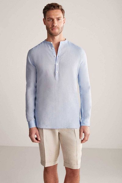 Hemington Pure Linen Sky Blue Judge Collar Shirt