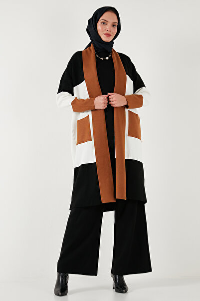 Lela Modest Regular Fit Renk Bloklu Uzun Tesettür Triko Hırka Hırka 4616172