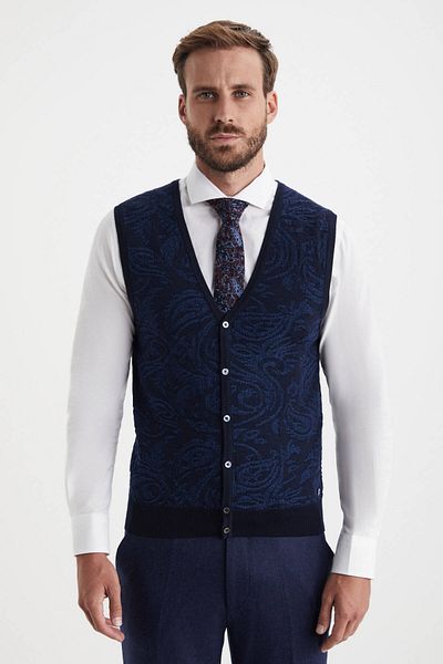 Hemington Shawl Pattern Navy Blue Merino Wool Knitwear Vest